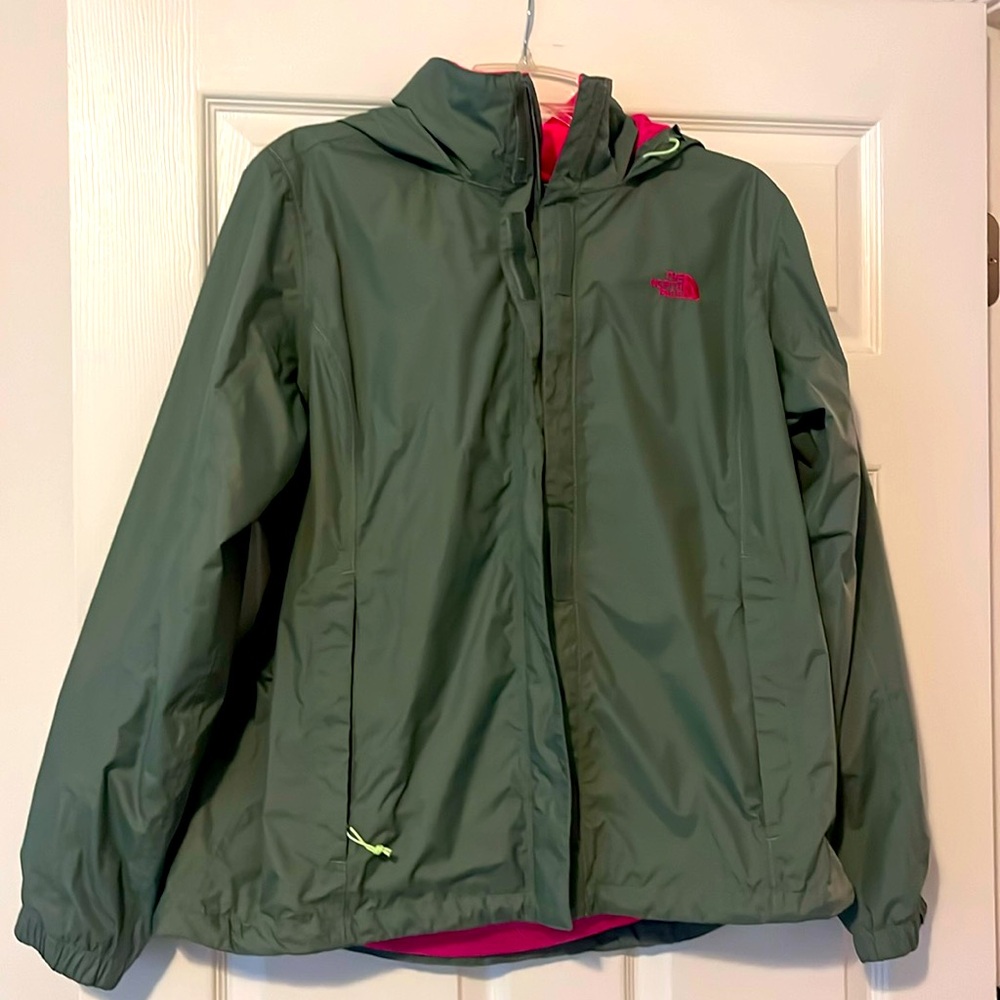 The North Face XL lightweight raincoat. Olive green & pink detailing. Like new.